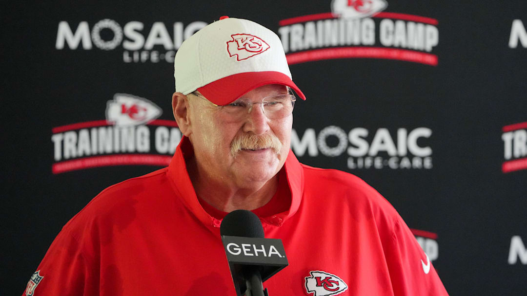 Jul 26, 2024; Kansas City, MO, USA; Kansas City Chiefs head coach Andy Reid speaks to the media after training camp at Missouri Western State University. Mandatory Credit: Denny Medley-Imagn Images