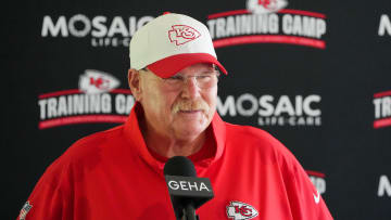 Jul 26, 2024; Kansas City, MO, USA; Kansas City Chiefs head coach Andy Reid speaks to the media after training camp at Missouri Western State University. Mandatory Credit: Denny Medley-USA TODAY Sports