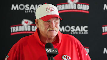 Jul 26, 2024; Kansas City, MO, USA; Kansas City Chiefs head coach Andy Reid speaks to the media after training camp at Missouri Western State University. Mandatory Credit: Denny Medley-Imagn Images