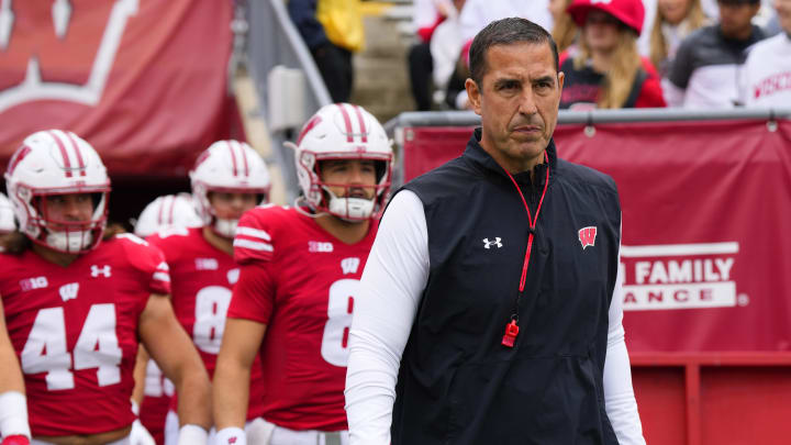 Oct 14, 2023; Madison, Wisconsin, USA;  Wisconsin Badgers head coach Luke  Fickell prior to the game against the Iowa Hawkeyes at Camp Randall Stadium. Mandatory Credit: Jeff Hanisch-USA TODAY Sports