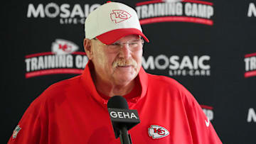 Jul 26, 2024; Kansas City, MO, USA; Kansas City Chiefs head coach Andy Reid speaks to the media after training camp at Missouri Western State University. Mandatory Credit: Denny Medley-Imagn Images