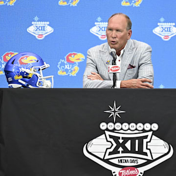 Jul 10, 2024; Las Vegas, NV, USA; Kansas Jayhawks head coach Lance Leipold speaks to the media during the Big 12 Media Days at Allegiant Stadium. Mandatory Credit: Candice Ward-Imagn Images
