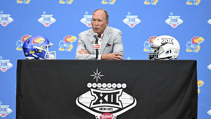 Jul 10, 2024; Las Vegas, NV, USA; Kansas Jayhawks head coach Lance Leipold speaks to the media during the Big 12 Media Days at Allegiant Stadium. Mandatory Credit: Candice Ward-Imagn Images