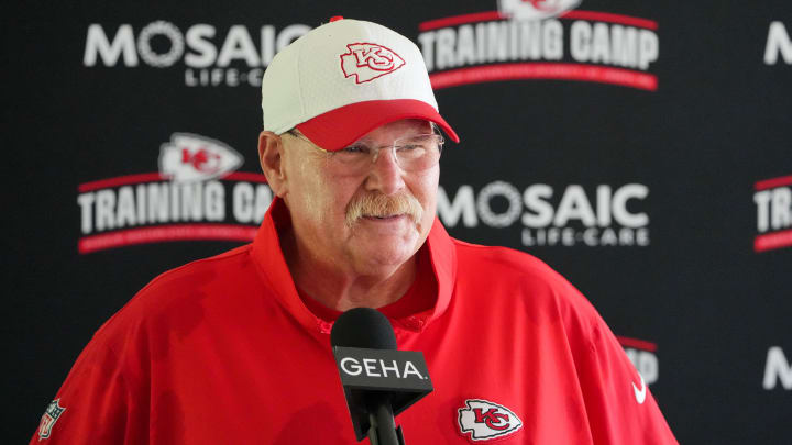 Jul 26, 2024; Kansas City, MO, USA; Kansas City Chiefs head coach Andy Reid speaks to the media after training camp at Missouri Western State University. Mandatory Credit: Denny Medley-USA TODAY Sports