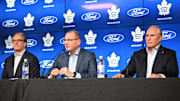May 21, 2024; Toronto, Ontario, CANADA;  Toronto Maple Leafs general manager Brad Treliving (center) and team president Brendan Shanahan (left) introduce new head coach Craig Berube at Ford Performance Centre. Mandatory Credit: Dan Hamilton-USA TODAY Sports