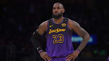 Jan 2, 2025; Los Angeles, California, USA; Los Angeles Lakers forward LeBron James (23) looks on in the second half against the Portland Trail Blazers at Crypto.com Arena. Mandatory Credit: Jayne Kamin-Oncea-Imagn Images