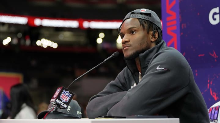 Feb 5, 2024; Las Vegas, NV, USA; San Francisco 49ers cornerback Charvarius Ward (7) talks to the media during Super Bowl LVIII Opening Night at Allegiant Stadium. Mandatory Credit: Lucas Peltier-USA TODAY Sports