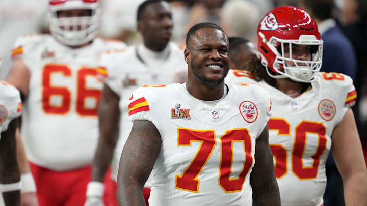 Feb 9, 2025; New Orleans, LA, USA; Kansas City Chiefs offensive tackle D.J. Humphries (70) takes the field before Super Bowl LIX against the Philadelphia Eagles at Caesars Superdome. Mandatory Credit: Kirby Lee-Imagn Images