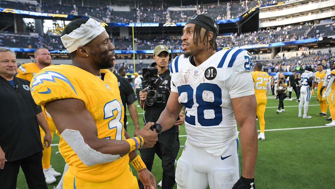 Oct 19, 2025; Inglewood, California, USA; Los Angeles Chargers running back Nyheim Hines (31) shakes hands with Indianapolis Colts running back Jonathan Taylor (28) after the game at SoFi Stadium. Mandatory Credit: Jayne Kamin-Oncea-Imagn Images Oct 19, 2025; Inglewood, California, USA; Los Angeles Chargers running back Nyheim Hines (31) shakes hands with Indianapolis Colts running back Jonathan Taylor (28) after the game at SoFi Stadium. Mandatory Credit: Jayne Kamin-Oncea-Imagn Images