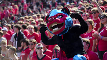 Oct 4, 2025; Cincinnati, Ohio, USA;  The Cincinnati Bearcat mascot performs in the student section during the game against the Iowa State Cyclones in the second half at Nippert Stadium. Mandatory Credit: Aaron Doster-Imagn Images