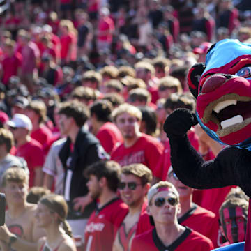 Oct 4, 2025; Cincinnati, Ohio, USA;  The Cincinnati Bearcat mascot performs in the student section during the game against the Iowa State Cyclones in the second half at Nippert Stadium. Mandatory Credit: Aaron Doster-Imagn Images