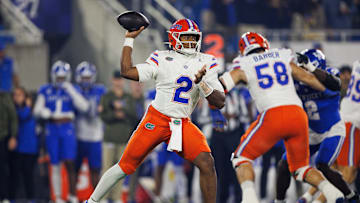 Nov 8, 2025; Lexington, Kentucky, USA; Florida Gators quarterback DJ Lagway (2) throws a pass during the first quarter against the Kentucky Wildcats at Kroger Field. Mandatory Credit: Jordan Prather-Imagn Images