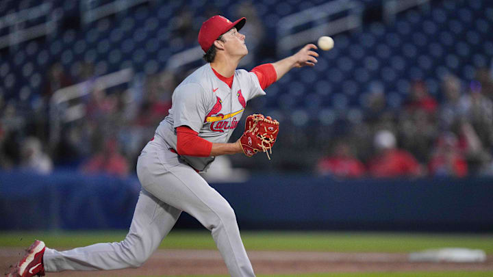 Mar 8, 2024; West Palm Beach, Florida, USA; St. Louis Cardinals pitcher Brycen Mautz (80) pitches in the first inning Washington Nationals at CACTI Park of the Palm Beaches. Mandatory Credit: Jim Rassol-Imagn Images