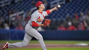 St. Louis Cardinals pitcher Brycen Mautz (80) pitches in the first inning Washington Nationals at CACTI Park of the Palm Beaches. Mandatory Credit: Jim Rassol-Imagn Images