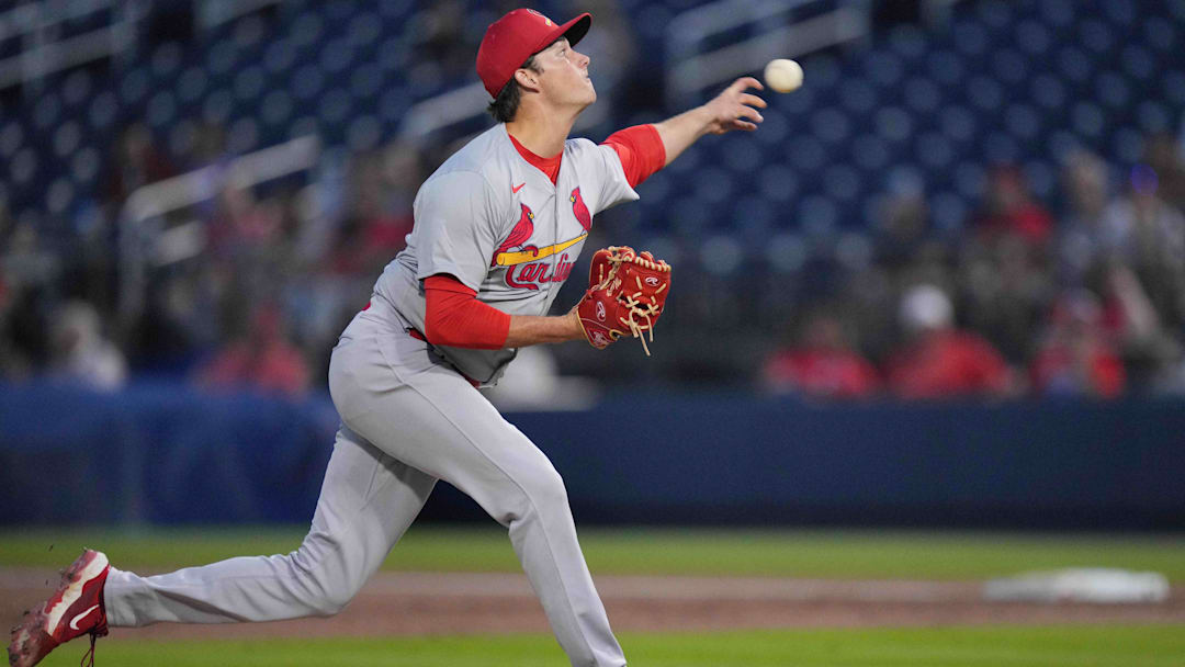 Mar 8, 2024; West Palm Beach, Florida, USA; St. Louis Cardinals pitcher Brycen Mautz (80) pitches in the first inning Washington Nationals at CACTI Park of the Palm Beaches. Mandatory Credit: Jim Rassol-Imagn Images Mar 8, 2024; West Palm Beach, Florida, USA; St. Louis Cardinals pitcher Brycen Mautz (80) pitches in the first inning Washington Nationals at CACTI Park of the Palm Beaches. Mandatory Credit: Jim Rassol-Imagn Images