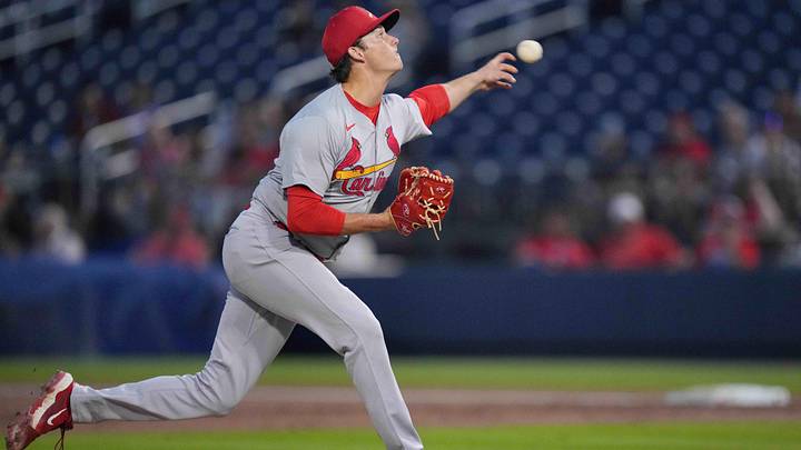 Mar 8, 2024; West Palm Beach, Florida, USA; St. Louis Cardinals pitcher Brycen Mautz (80) pitches in the first inning Washington Nationals at CACTI Park of the Palm Beaches. Mandatory Credit: Jim Rassol-Imagn Images