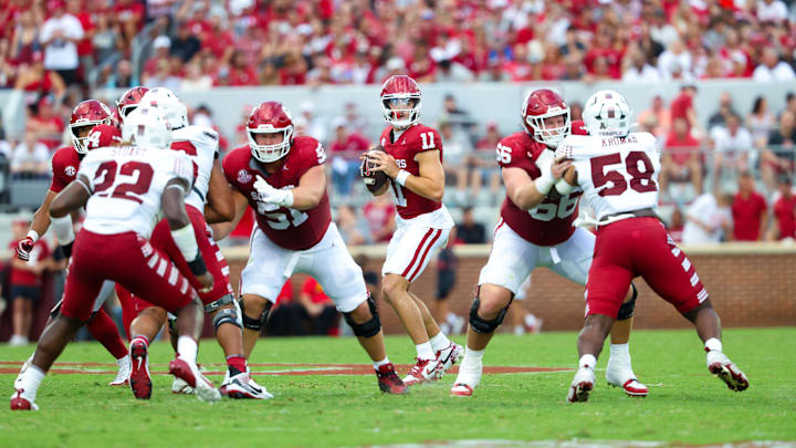 Aug 30, 2024; Norman, Oklahoma, USA; Oklahoma Sooners quarterback Jackson Arnold (11) throws during the first quarter against the Temple Owls at Gaylord Family-Oklahoma Memorial Stadium.