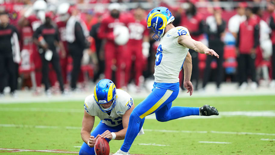 Sep 15, 2024; Glendale, Arizona, USA; Los Angeles Rams place kicker Joshua Karty (16) kicks a field goal against the Arizona Cardinals during the first half at State Farm Stadium. Mandatory Credit: Joe Camporeale-Imagn Images | Joe Camporeale-Imagn Images