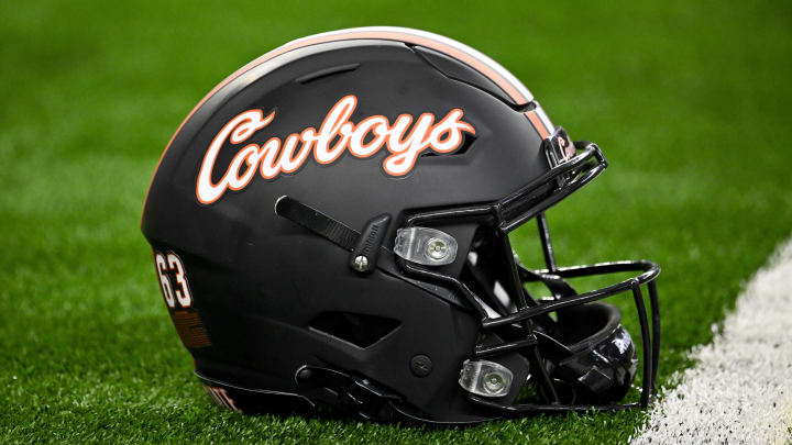 Dec 2, 2023; Arlington, TX, USA;  A view of a Oklahoma State Cowboys helmet before the game between the Texas Longhorns and the Oklahoma State Cowboys at AT&T Stadium. Mandatory Credit: Jerome Miron-USA TODAY Sports