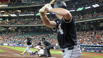 Jun 10, 2025; Houston, Texas, USA;  Chicago White Sox designated hitter Edgar Quero (7) bats while catcher Kyle Teel (8) on deck against the Houston Astros in the second inning at Daikin Park. Mandatory Credit: Thomas Shea-Imagn Images