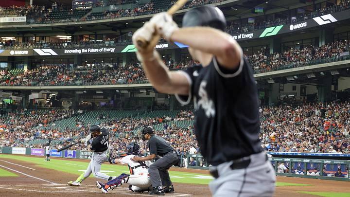 Jun 10, 2025; Houston, Texas, USA;  Chicago White Sox designated hitter Edgar Quero (7) bats while catcher Kyle Teel (8) on deck against the Houston Astros in the second inning at Daikin Park. Mandatory Credit: Thomas Shea-Imagn Images