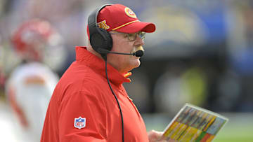 Sep 29, 2024; Inglewood, California, USA;  Kansas City Chiefs head coach Andy Reid on the sidelines in the second half against the Los Angeles Chargers at SoFi Stadium. Mandatory Credit: Jayne Kamin-Oncea-Imagn Images