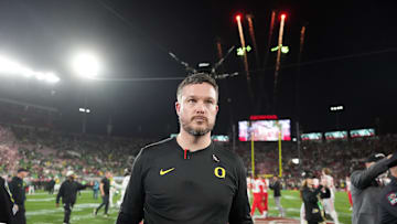 Jan 1, 2025; Pasadena, CA, USA; Oregon Ducks head coach Dan Lanning reacts after the loss against the Ohio State Buckeyes in the 2025 Rose Bowl college football quarterfinal game at Rose Bowl Stadium. 