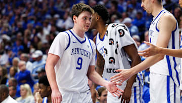 Oct 24, 2025; Lexington, KY, USA; Kentucky Wildcats forward Trent Noah (9) returns to the bench during the second half against the Purdue Boilermakers at Rupp Arena at Central Bank Center. Mandatory Credit: Jordan Prather-Imagn Images