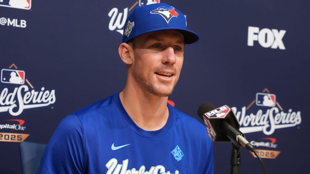 Oct 29, 2025; Los Angeles, California, USA; Toronto Blue Jays pitcher Chris Bassitt (40) speaks in a press conference before game five of the 2025 MLB World Series against the Los Angeles Dodgers at Dodger Stadium. Mandatory Credit: Kirby Lee-Imagn Images Oct 29, 2025; Los Angeles, California, USA; Toronto Blue Jays pitcher Chris Bassitt (40) speaks in a press conference before game five of the 2025 MLB World Series against the Los Angeles Dodgers at Dodger Stadium. Mandatory Credit: Kirby Lee-Imagn Images