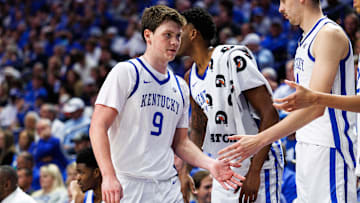 Oct 24, 2025; Lexington, KY, USA; Kentucky Wildcats forward Trent Noah (9) returns to the bench during the second half against the Purdue Boilermakers at Rupp Arena at Central Bank Center. Mandatory Credit: Jordan Prather-Imagn Images