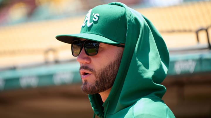 May 26, 2024; Oakland, California, USA; Oakland Athletics pitcher Kyle Muller (39) watches the game against the Houston Astros during the first inning at Oakland-Alameda County Coliseum. Mandatory Credit: Robert Edwards-USA TODAY Sports