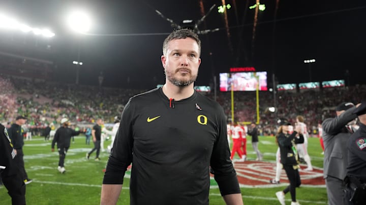 Jan 1, 2025; Pasadena, CA, USA; Oregon Ducks head coach Dan Lanning reacts after the loss against the Ohio State Buckeyes in the 2025 Rose Bowl college football quarterfinal game.