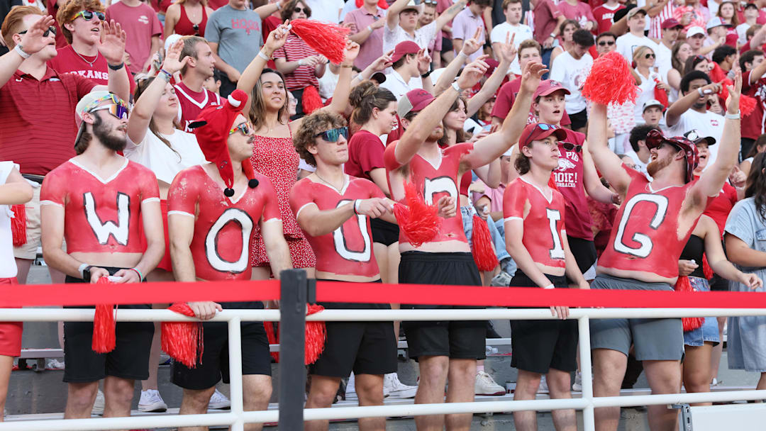 Sep 14, 2024; Fayetteville, Arkansas, USA; The Arkansas Razorbacks student section during the game against the UAB Blazers at Donald W. Reynolds Razorback Stadium. Arkansas won 37-27. Mandatory Credit: Nelson Chenault-Imagn Images