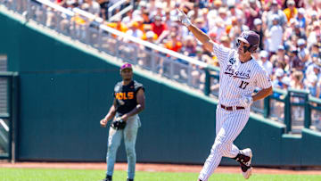 Jun 23, 2024; Omaha, NE, USA; Texas A&M Aggies right fielder Jace Laviolette (17) celebrates after hitting a home run against the Tennessee Volunteers during the first inning at Charles Schwab Field Omaha. Mandatory Credit: Dylan Widger-Imagn Images