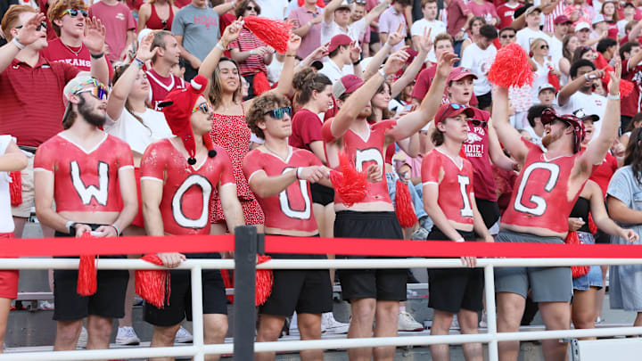 Sep 14, 2024; Fayetteville, Arkansas, USA; The Arkansas Razorbacks student section during the game against the UAB Blazers at Donald W. Reynolds Razorback Stadium. Arkansas won 37-27. Mandatory Credit: Nelson Chenault-Imagn Images