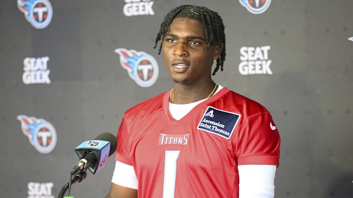 May 10, 2025; Nashville, TN, USA;  Tennessee Titans quarterback Cam Ward (1) talks with reporters after his first day of rookie mini camp  at Saint Thomas Sports Park. Mandatory Credit: Steve Roberts-Imagn Images