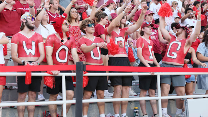 Sep 14, 2024; Fayetteville, Arkansas, USA; The Arkansas Razorbacks student section during the game against the UAB Blazers at Donald W. Reynolds Razorback Stadium. Arkansas won 37-27. Mandatory Credit: Nelson Chenault-Imagn Images