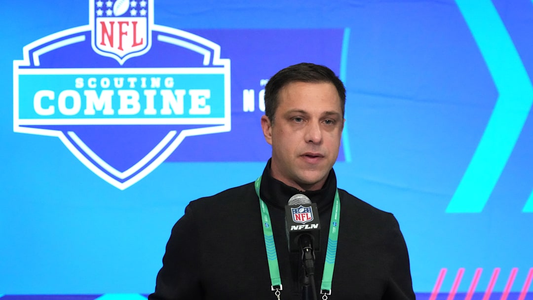 Feb 27, 2024; Indianapolis, IN, USA; Kansas City Chiefs general manager Brett Veach speaks during a press conference at the NFL Scouting Combine at Indiana Convention Center. Mandatory Credit: Kirby Lee-Imagn Images