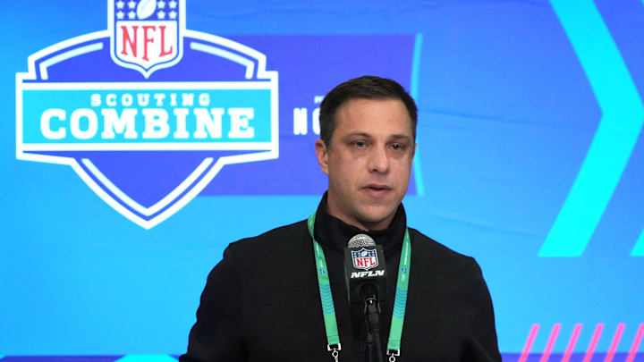 Feb 27, 2024; Indianapolis, IN, USA; Kansas City Chiefs general manager Brett Veach speaks during a press conference at the NFL Scouting Combine at Indiana Convention Center. Mandatory Credit: Kirby Lee-Imagn Images