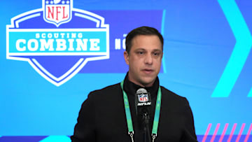 Feb 27, 2024; Indianapolis, IN, USA; Kansas City Chiefs general manager Brett Veach speaks during a press conference at the NFL Scouting Combine at Indiana Convention Center. Mandatory Credit: Kirby Lee-Imagn Images