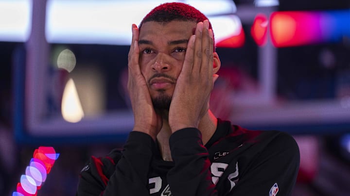 Apr 1, 2026; San Francisco, California, USA; San Antonio Spurs center Victor Wembanyama (1) stands on the court before the start of the game against the Golden State Warriors at the Chase Center. Mandatory Credit: Cary Edmondson-Imagn Images
