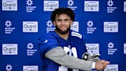 May 10, 2025; East Rutherford, NJ, USA; New York Giants offensive lineman Marcus Mbow (71) speaks during a press conference after rookie minicamp at Quest Diagnostics Training Center.  