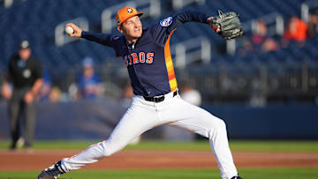 Mar 14, 2025; West Palm Beach, Florida, USA;  Houston Astros pitcher Hayden Wesneski (39) pitches in the first inning against the Toronto Blue Jays at CACTI Park of the Palm Beaches. Mandatory Credit: Jim Rassol-Imagn Images