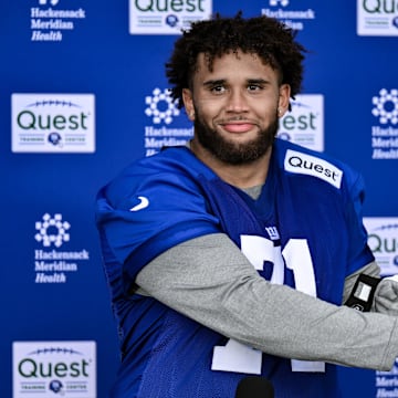 New York Giants offensive lineman Marcus Mbow (71) speaks during a press conference