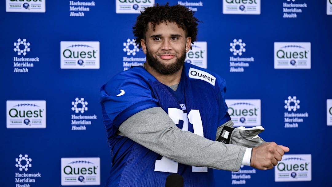 May 10, 2025; East Rutherford, NJ, USA; New York Giants offensive lineman Marcus Mbow (71) speaks during a press conference after rookie minicamp at Quest Diagnostics Training Center. Mandatory Credit: John Jones-Imagn Images