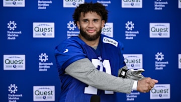 May 10, 2025; East Rutherford, NJ, USA; New York Giants offensive lineman Marcus Mbow (71) speaks during a press conference after rookie minicamp at Quest Diagnostics Training Center. Mandatory Credit: John Jones-Imagn Images