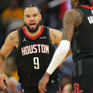 Apr 26, 2025; San Francisco, California, USA; Houston Rockets forward Dillon Brooks (9) reacts with guard Jalen Green (4) after scoring against the Golden State Warriors during the second quarter of game three of first round for the 2024 NBA Playoffs at Chase Center. Mandatory Credit: Darren Yamashita-Imagn Images