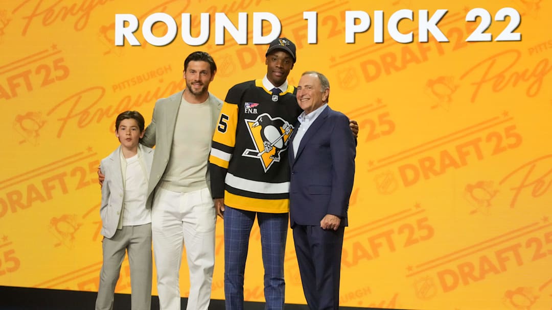 Jun 27, 2025; Los Angeles, California, USA; Bill Zonnon is selected as the 22nd overall pick to the Pittsburgh Penguins in the first round of the 2025 NHL Draft at Peacock Theater. Mandatory Credit: Kirby Lee-Imagn Images
