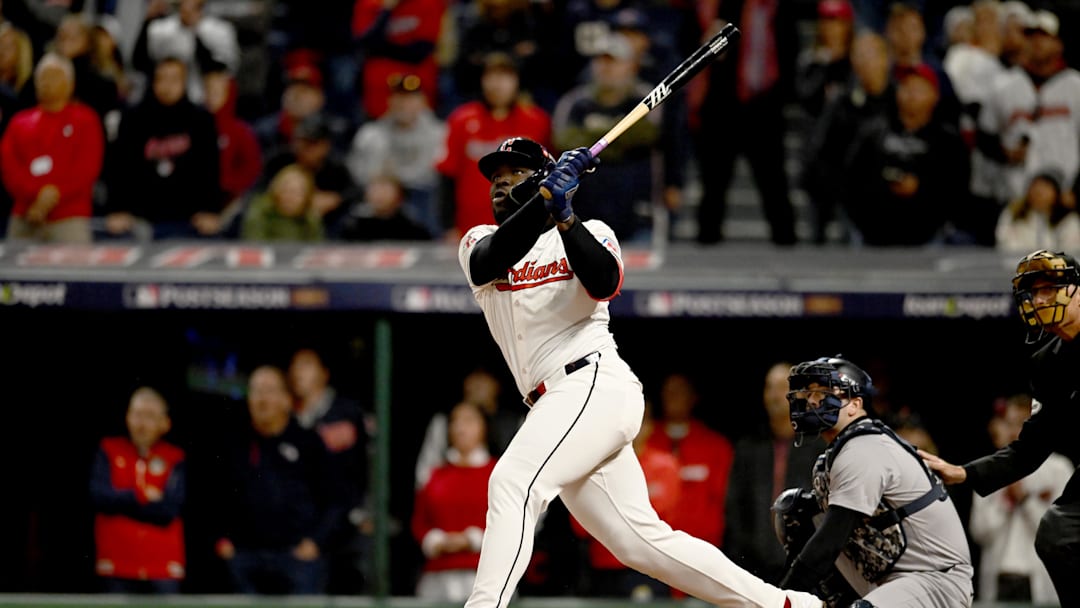 Oct 17, 2024; Cleveland, Ohio, USA; Cleveland Guardians outfielder Jhonkensy Noel (43) hits a two-run home run during the ninth inning against the New York Yankees in game 3 of the American League Championship Series at Progressive Field. Mandatory Credit: Ken Blaze-Imagn Images