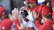 Oct 1, 2025; Cleveland, Ohio, USA; Cleveland Guardians shortstop Brayan Rocchio (4) celebrates in the dugout after scoring a home run in the eighth inning against the Detroit Tigers during game two of the Wildcard round for the 2025 MLB playoffs at Progressive Field. Mandatory Credit: Ken Blaze-Imagn Images